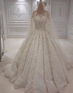 Chic Ivory Long A-line Jewel Tulle Appliques Lace Wedding Dresses