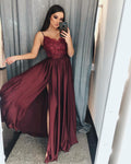 Chic A-Line V-neck Chiffon Lace Long Prom Dress With Slit