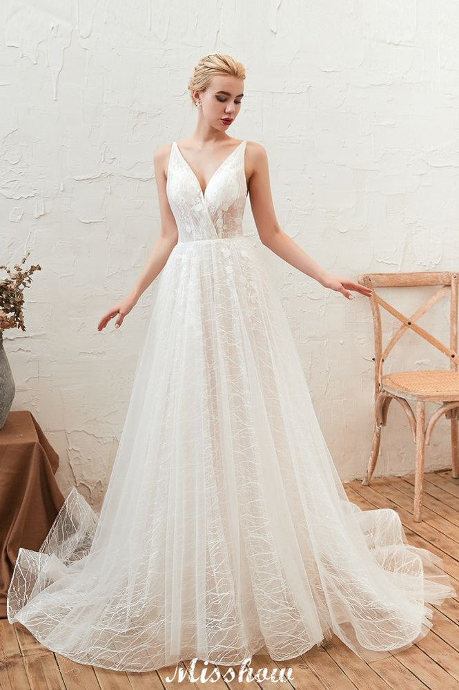Chic Deep V-Neck White Tulle Princess Open Back Wedding Dress with Court Train