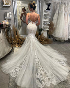 Chic Floor Length V-Neck Spaghetti Straps Sleeveless Mermaid Wedding Dress with Chapel Train