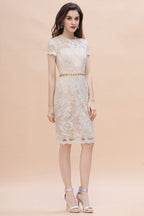 Chic Jewel Tulle Lace Beadings Mother of Bride Dress with Short Sleeves Online