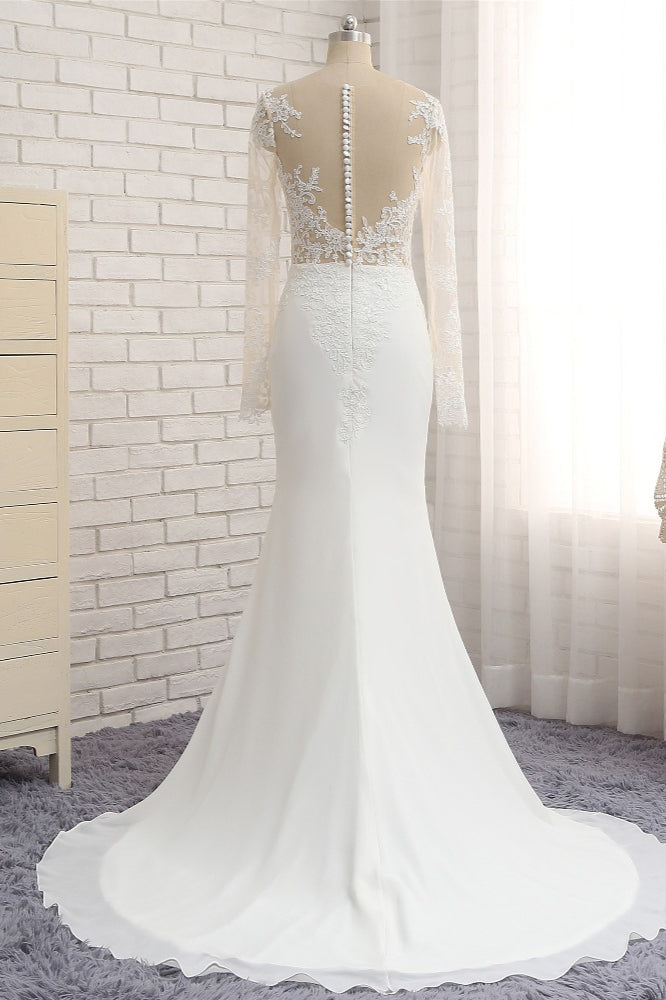 Chic Jewel White Chiffon Lace Mermaid Wedding Dress With Appliques Long Sleeves