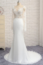 Chic Jewel White Chiffon Lace Mermaid Wedding Dress With Appliques Long Sleeves