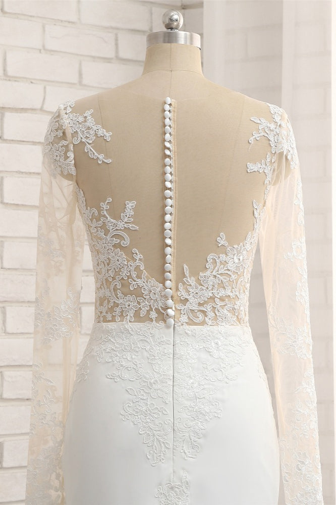 Chic Jewel White Chiffon Lace Mermaid Wedding Dress With Appliques Long Sleeves