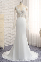 Chic Jewel White Chiffon Lace Mermaid Wedding Dress With Appliques Long Sleeves