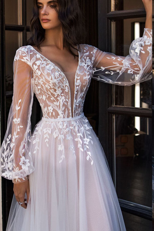Chic Long A-line V-neck Tulle Lace Chapel Train Wedding Dress with Sleeves