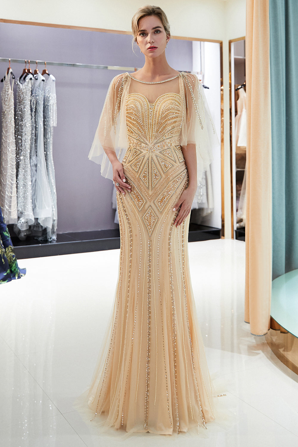 Chic Long Mermaid Jewel Tulle Beading Prom Dress with Sleeves