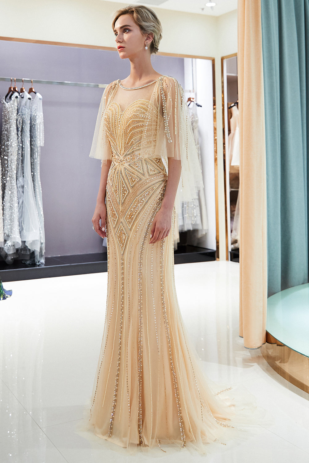 Chic Long Mermaid Jewel Tulle Beading Prom Dress with Sleeves