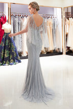 Chic Long Mermaid Jewel Tulle Beading Prom Dress with Sleeves