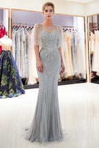 Chic Long Mermaid Jewel Tulle Beading Prom Dress with Sleeves