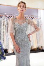 Chic Long Mermaid Jewel Tulle Beading Prom Dress with Sleeves