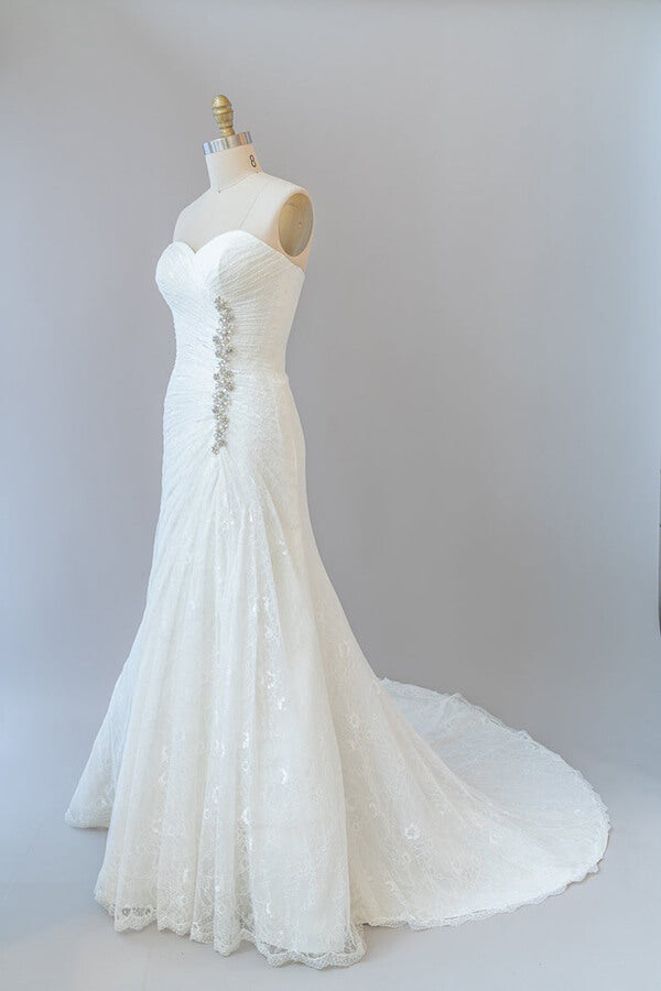 Chic Long Sheath Strapless Ruffle Lace Wedding Dress