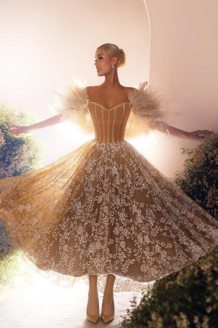 Chic Off-the-shoulder Ankle Length Sweetheart Lace Wedding Dress