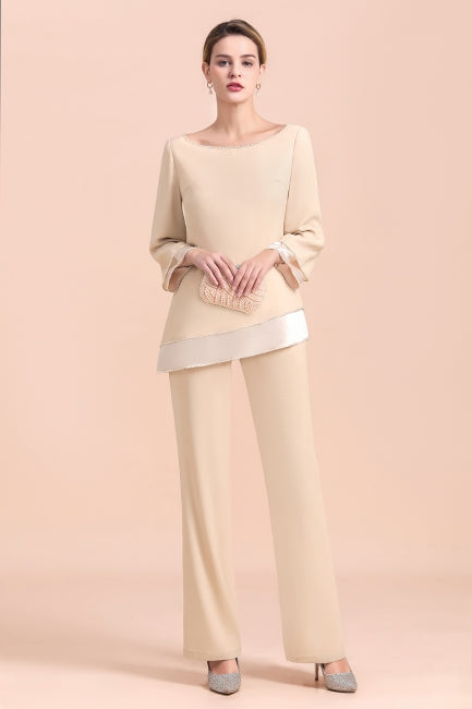 Chic Round-Neck Champagne Chiffon Mother of Bride Jumpsuit Online