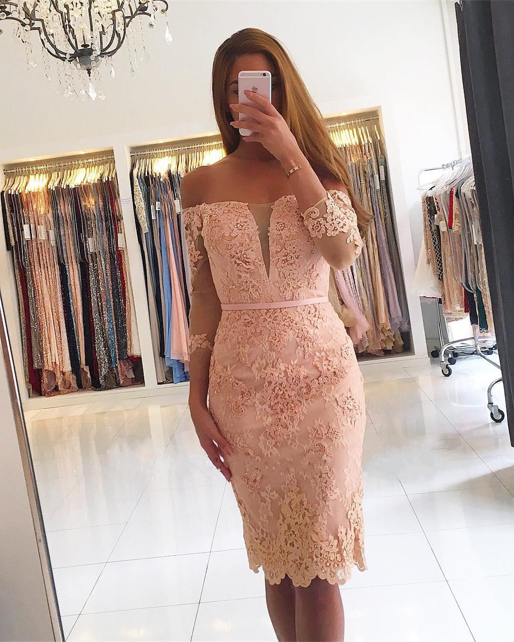 Chic Short Mermaid Off-the-shoulder Lace Prom Dress with Sleeves