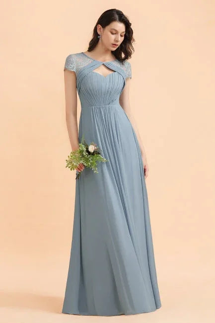 Chic Short Sleeves Lace Chiffon Bridesmaid Dress with Ruffles
