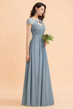 Chic Short Sleeves Lace Chiffon Bridesmaid Dress with Ruffles
