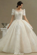 Chic Short Sleeves Tulle Lace Appliques Bridal Gown Spring Garden Wedding Dress