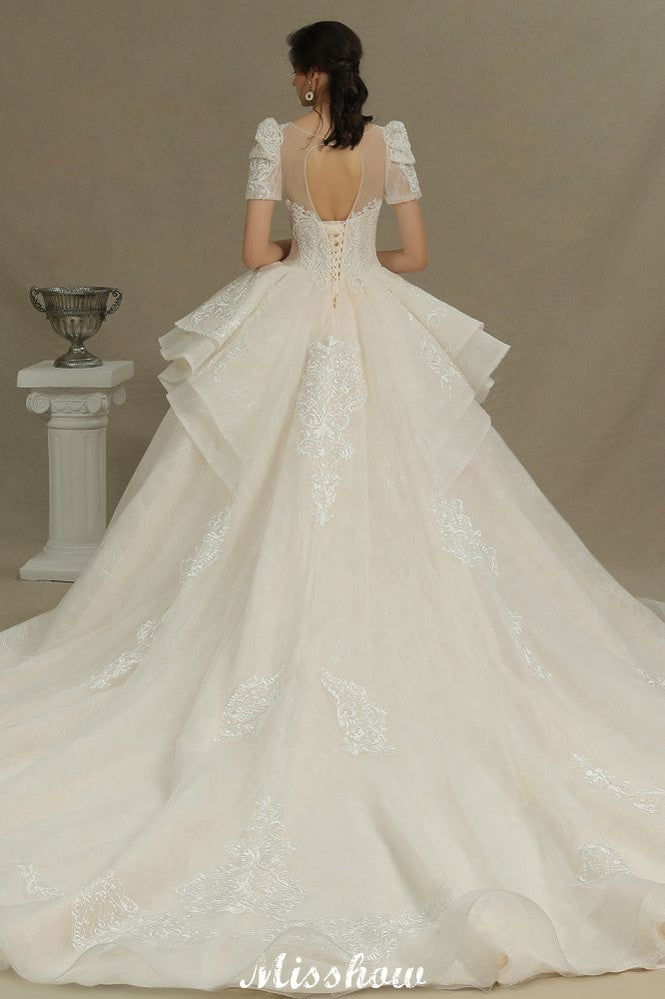 Chic Short Sleeves Tulle Lace Appliques Bridal Gown Spring Garden Wedding Dress