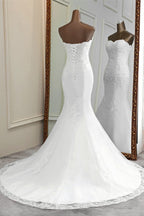 Chic Strapless Lace Appliques Mermaid Wedding Dress With Beading White