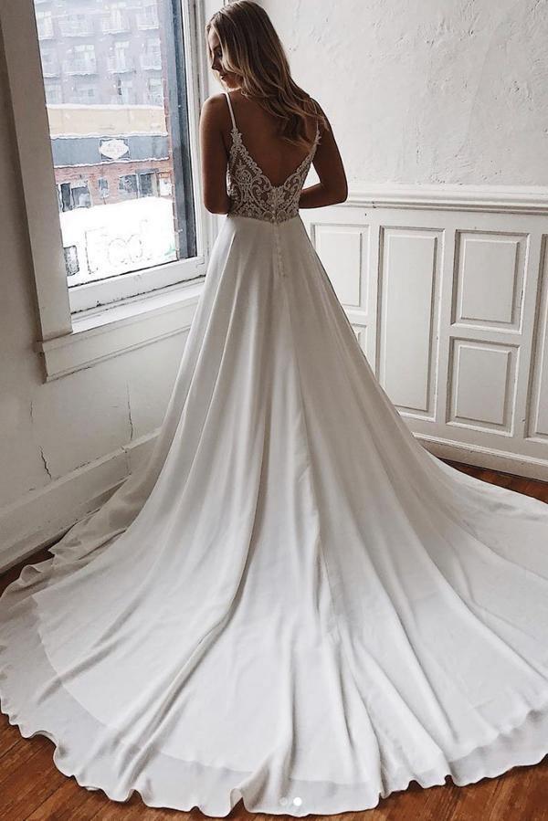 Chiffon A-line V-neck Lace Spaghetti Straps Wedding Dress with Sweep Train