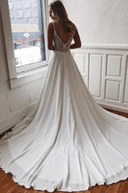 Chiffon A-line V-neck Lace Spaghetti Straps Wedding Dress with Sweep Train