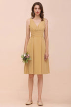 Chiffon Mini Golden Bridesmaid Dress Daily Casual Dress Sleeveless V-neck
