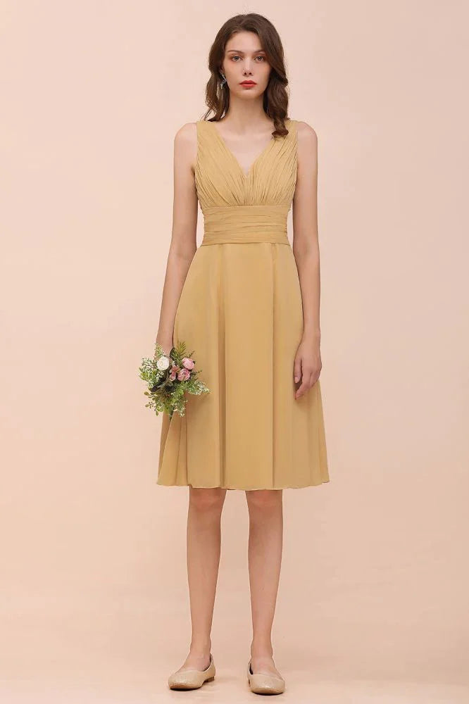 Chiffon Mini Golden Bridesmaid Dress Daily Casual Dress Sleeveless V-neck