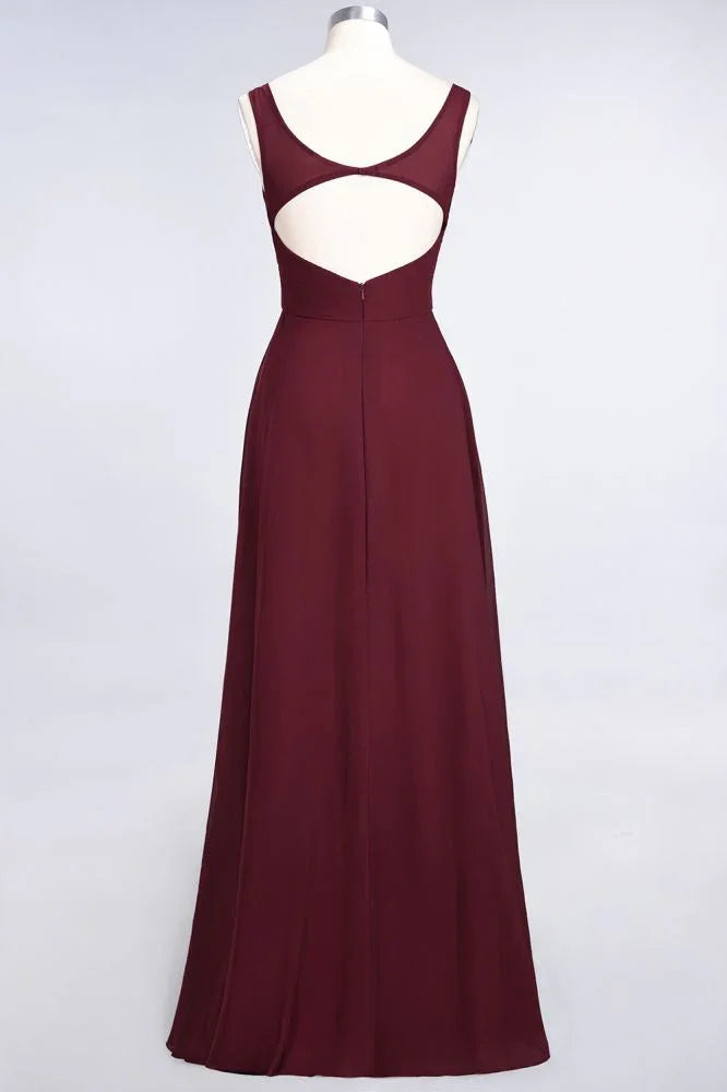 Chiffon V-Neck Straps Sleeveless Ruffles Floor-Length Bridesmaid Dress with Open Back