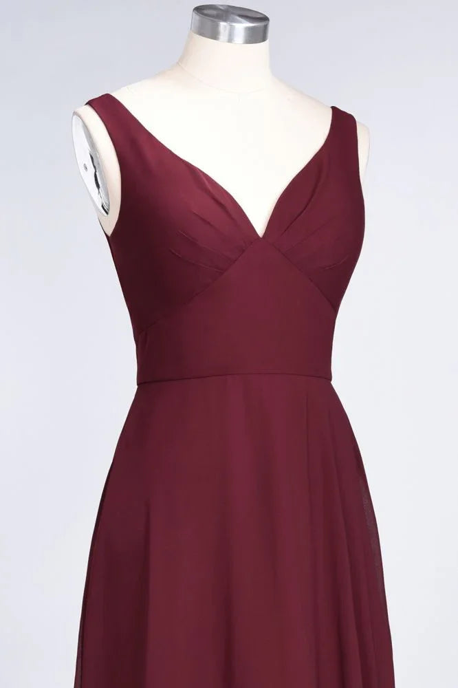 Chiffon V-Neck Straps Sleeveless Ruffles Floor-Length Bridesmaid Dress with Open Back