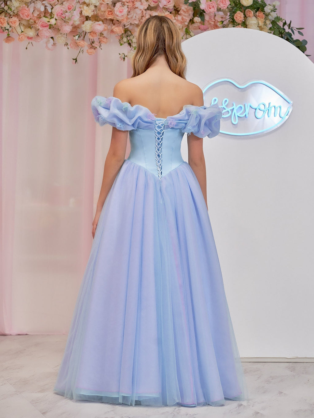 Cinderella Blue Tulle Off the Shoulder With Crystals & Butterflies Ball Gown