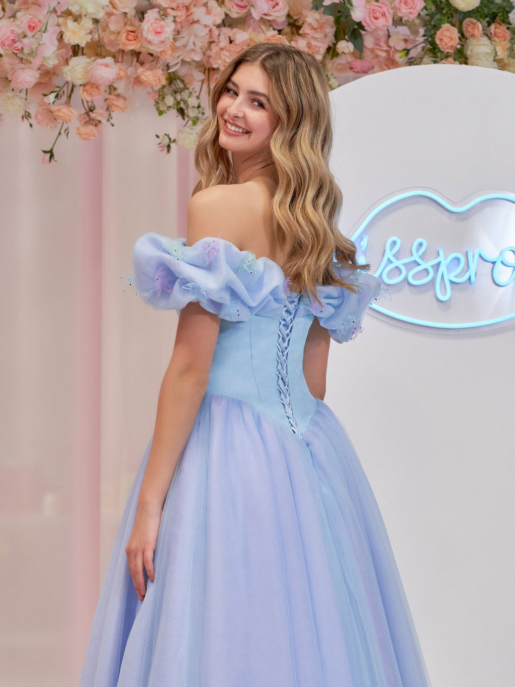 Cinderella Blue Tulle Off the Shoulder With Crystals & Butterflies Ball Gown