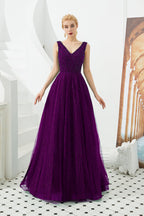 Classic Long A-line V-neck Tulle Prom Dress