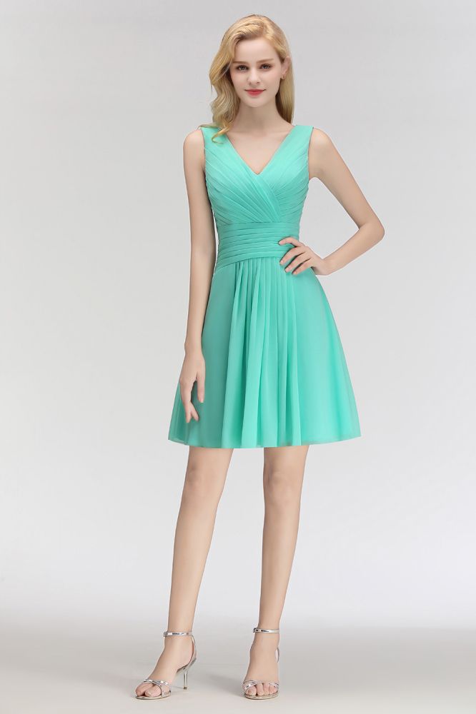 Classic V-Neck Floral Mini Cocktail Dress Sleeveless Chiffon Knee Length Homecoming Dress
