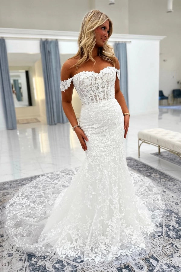Classic White Off The Shoulder Mermaid Wedding Dress With Appliques
