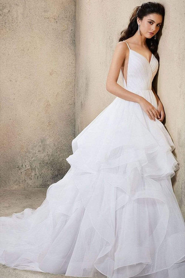 ClassicSpaghetti-Straps V-Neck Wedding Dress Ruffles Chiffon Tulle Designer Bridal Dress