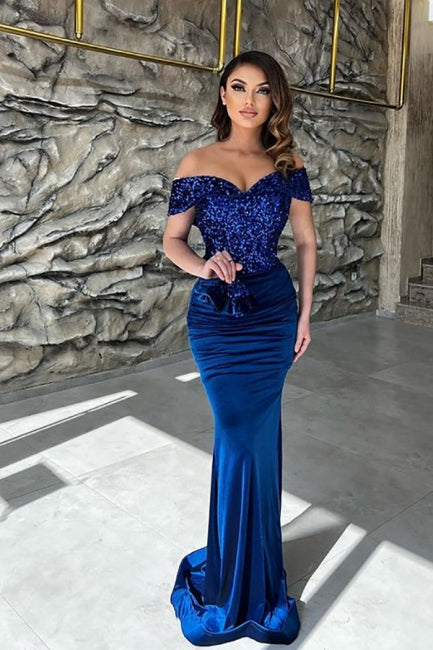 Classy Blue Sequins Sweetheart Off-the-shoulder Floor-length Column Prom Dresses