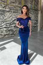 Classy Blue Sequins Sweetheart Off-the-shoulder Floor-length Column Prom Dresses