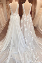 Classy Long A-Line Sweetheart Appliques Lace Open Back Wedding Dress