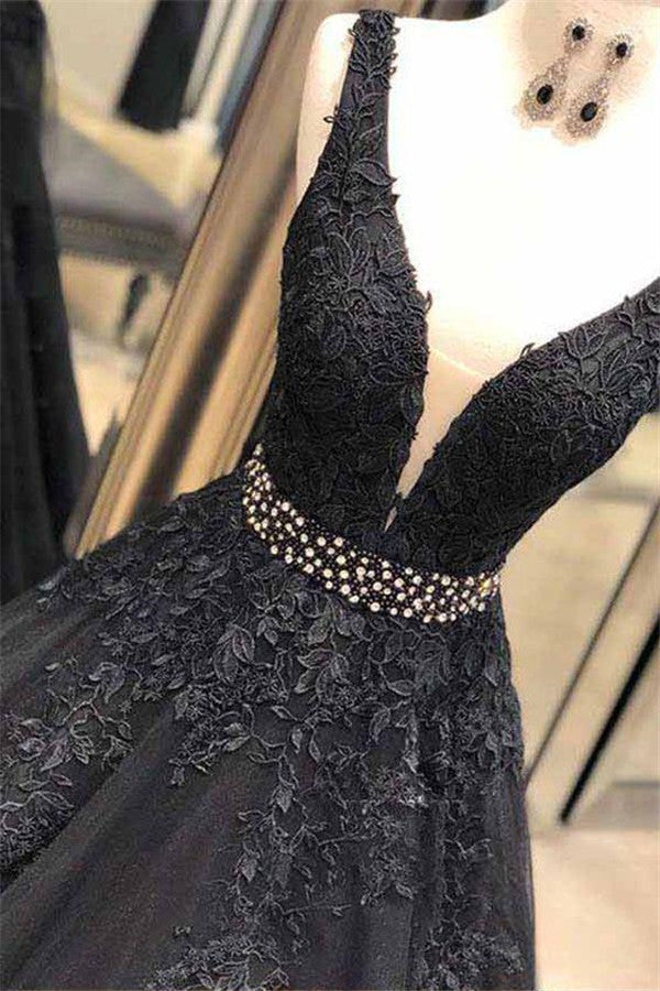 Classy Long A-Line Wide Straps Open Back Black Prom Dress