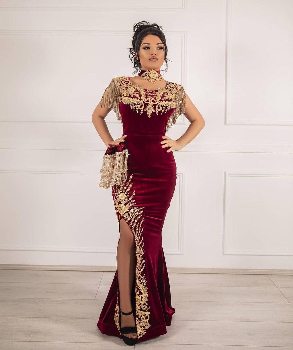 Classy Long Mermaid Appliques Lace Velvet Prom Dress With Slit