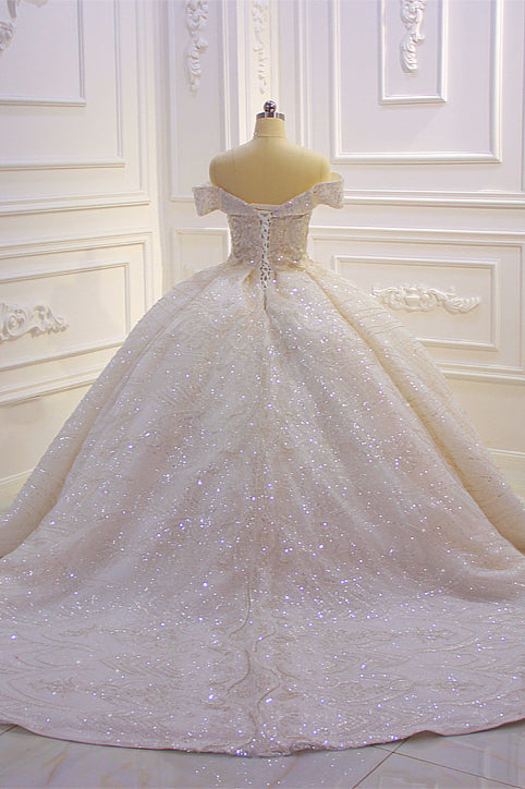 Classy Long Off the Shoulder Sequin Beading Satin Ball Gown Wedding Dress