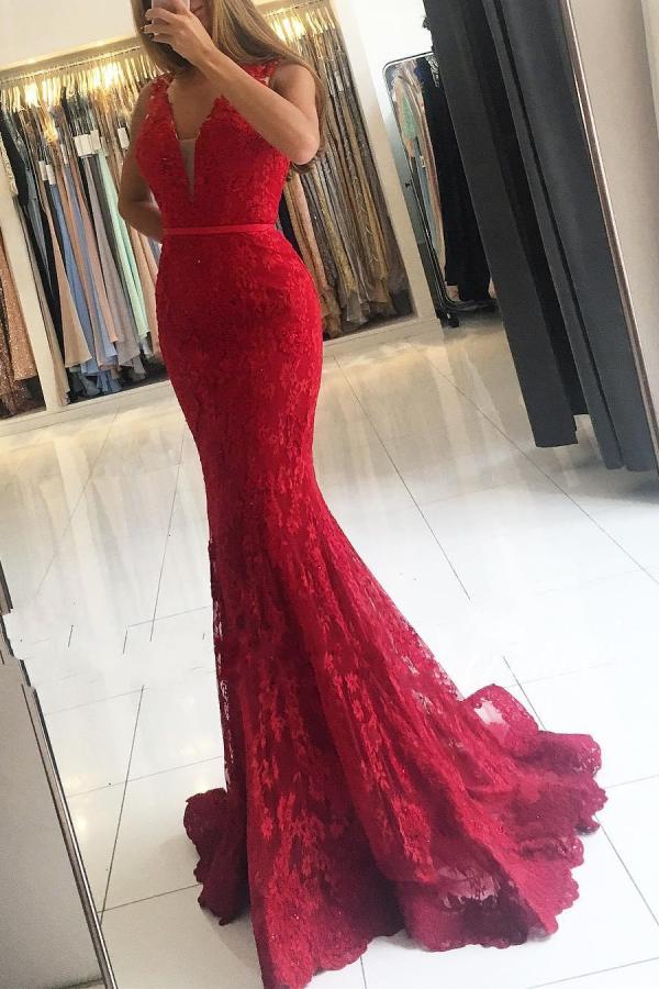 Classy Mermaid V-neck Wide Straps Tulle Lace Long Prom Dress