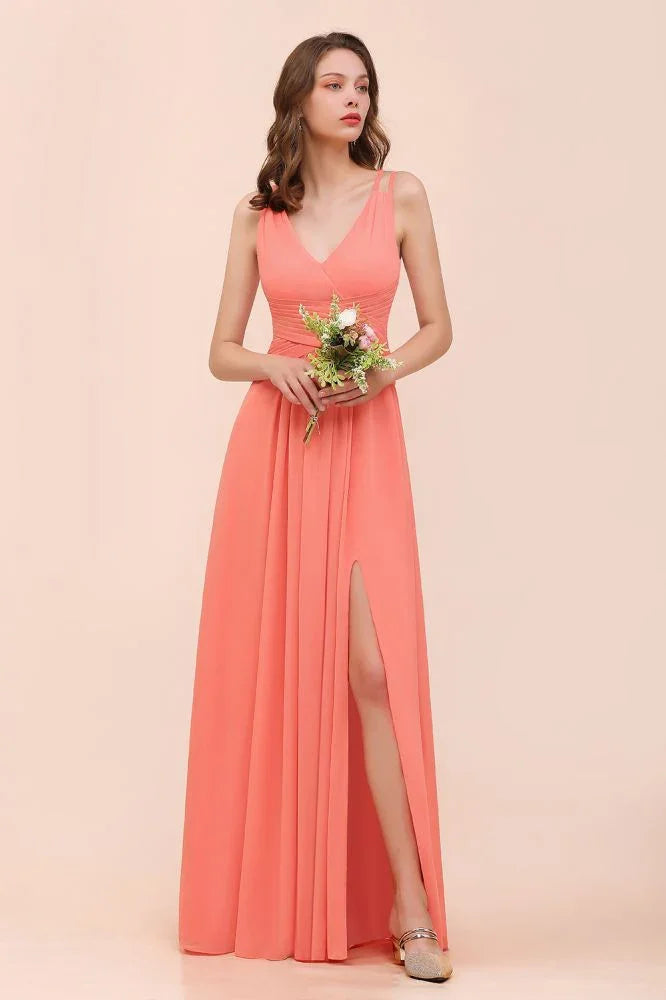 Coral Beach Bridesmaid Dress Front Split Wedding Party Dress