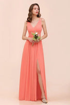 Coral Beach Bridesmaid Dress Front Split Wedding Party Dress