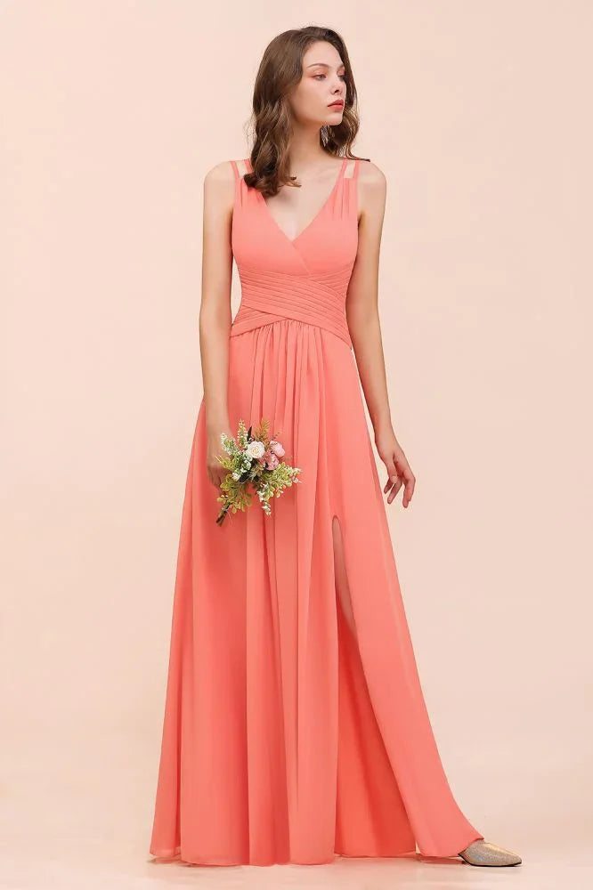 Coral Beach Bridesmaid Dress Front Split Wedding Party Dress