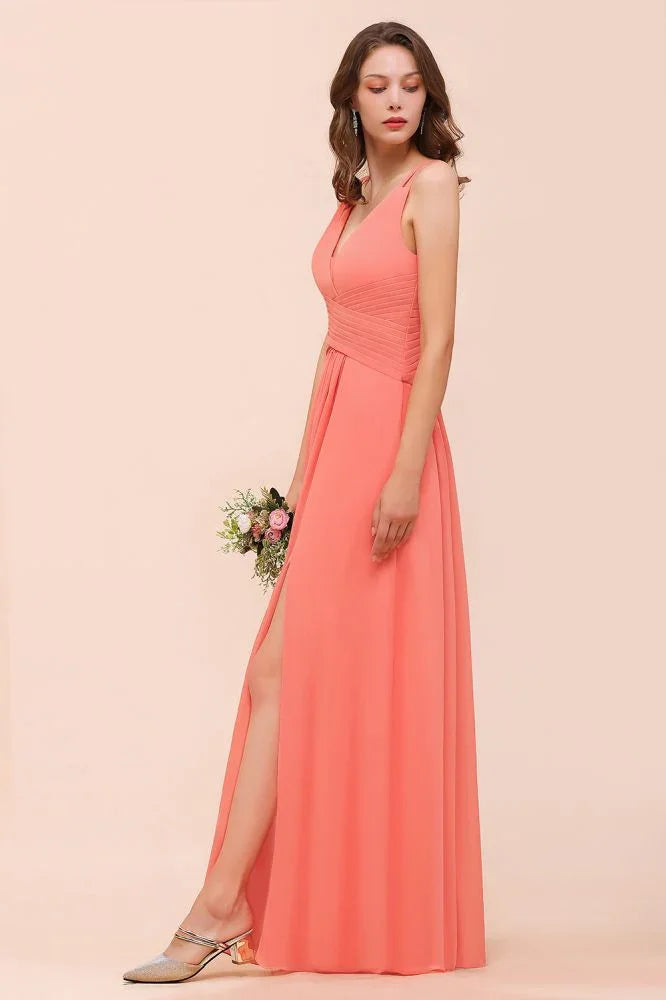 Coral Beach Bridesmaid Dress Front Split Wedding Party Dress