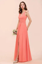 Coral Beach Bridesmaid Dress Front Split Wedding Party Dress