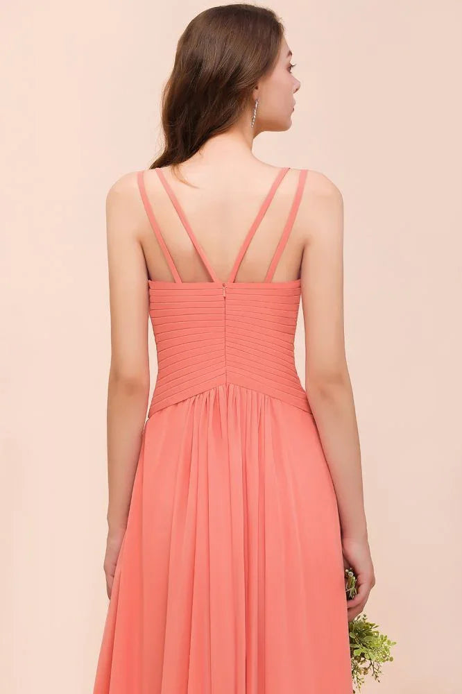 Coral Beach Bridesmaid Dress Front Split Wedding Party Dress