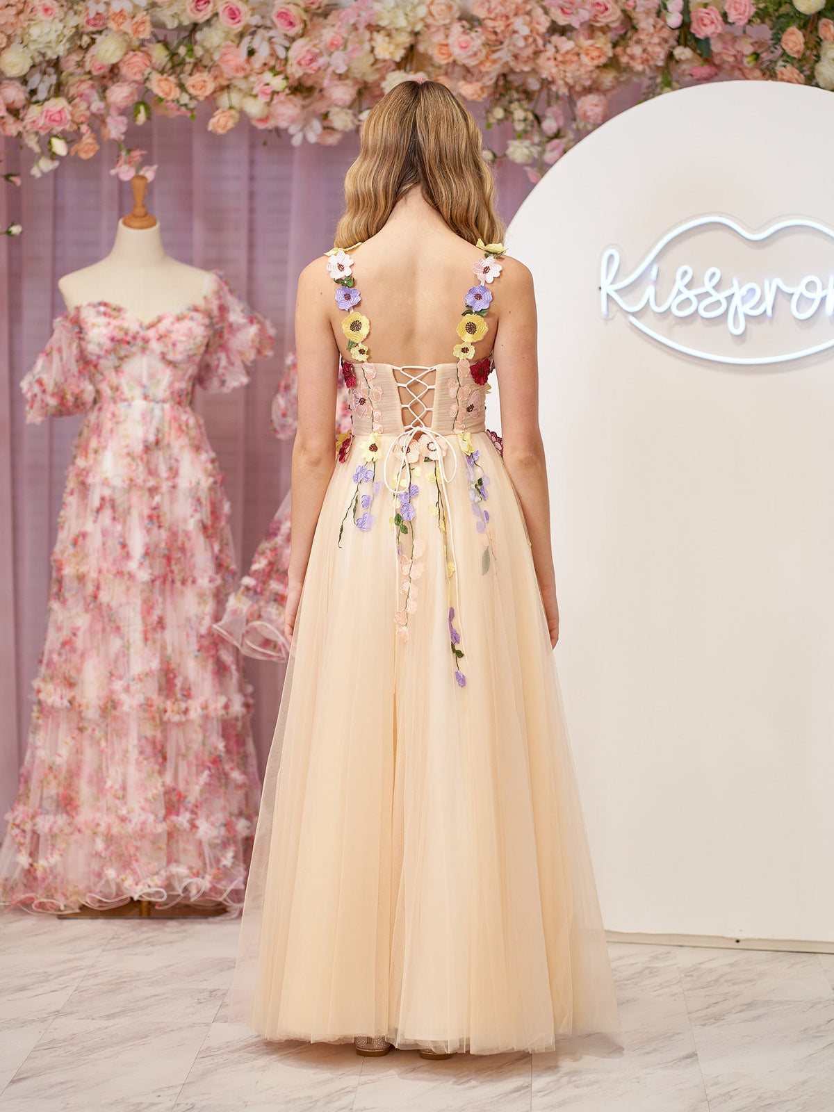 A-Line Corset Midi Prom Dress with 3D Flowers